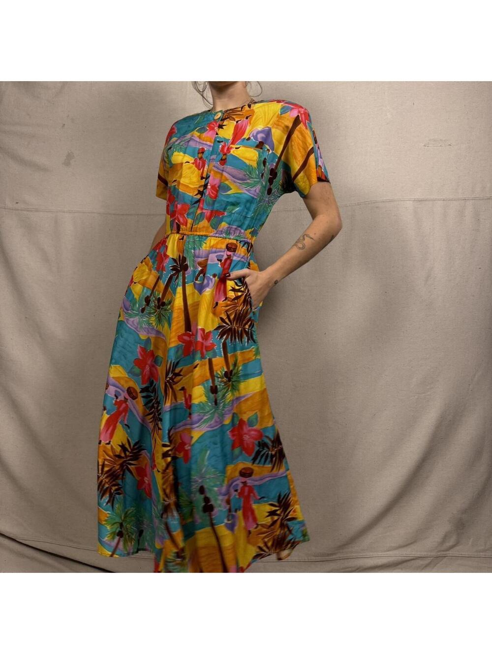90s Hawaiian print button front maxi day dress made in USA